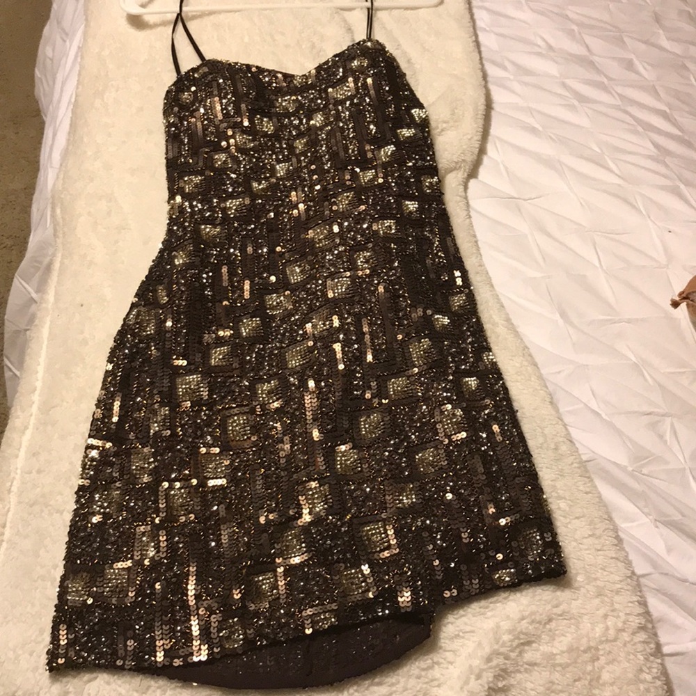 Brown and gold sequin mini dress